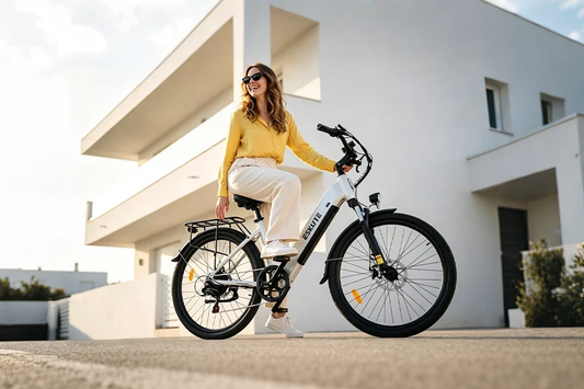 Smiling woman in yellow top riding white ESKUTE step-through electric bicycle at residential area, sunset light, urban daily commute ebike