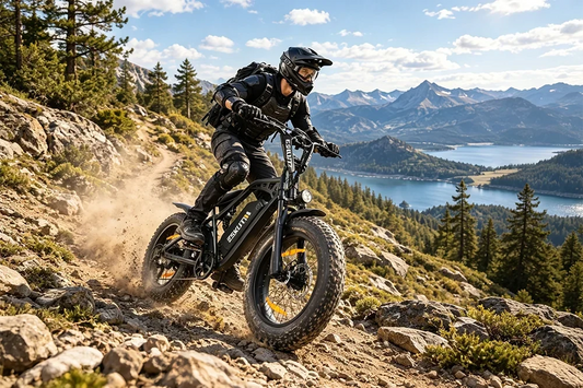 Full gear rider with helmet and protective pads riding black Ezkute fat tire electric bike on rocky mountain dirt trail, kicking up dust, alpine lake and mountain peaks background, outdoor off-road ebike adventure