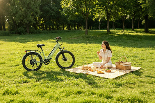 Light green ESKUTE step-through electric bike parked at sunny park picnic scene with woman having picnic nearby