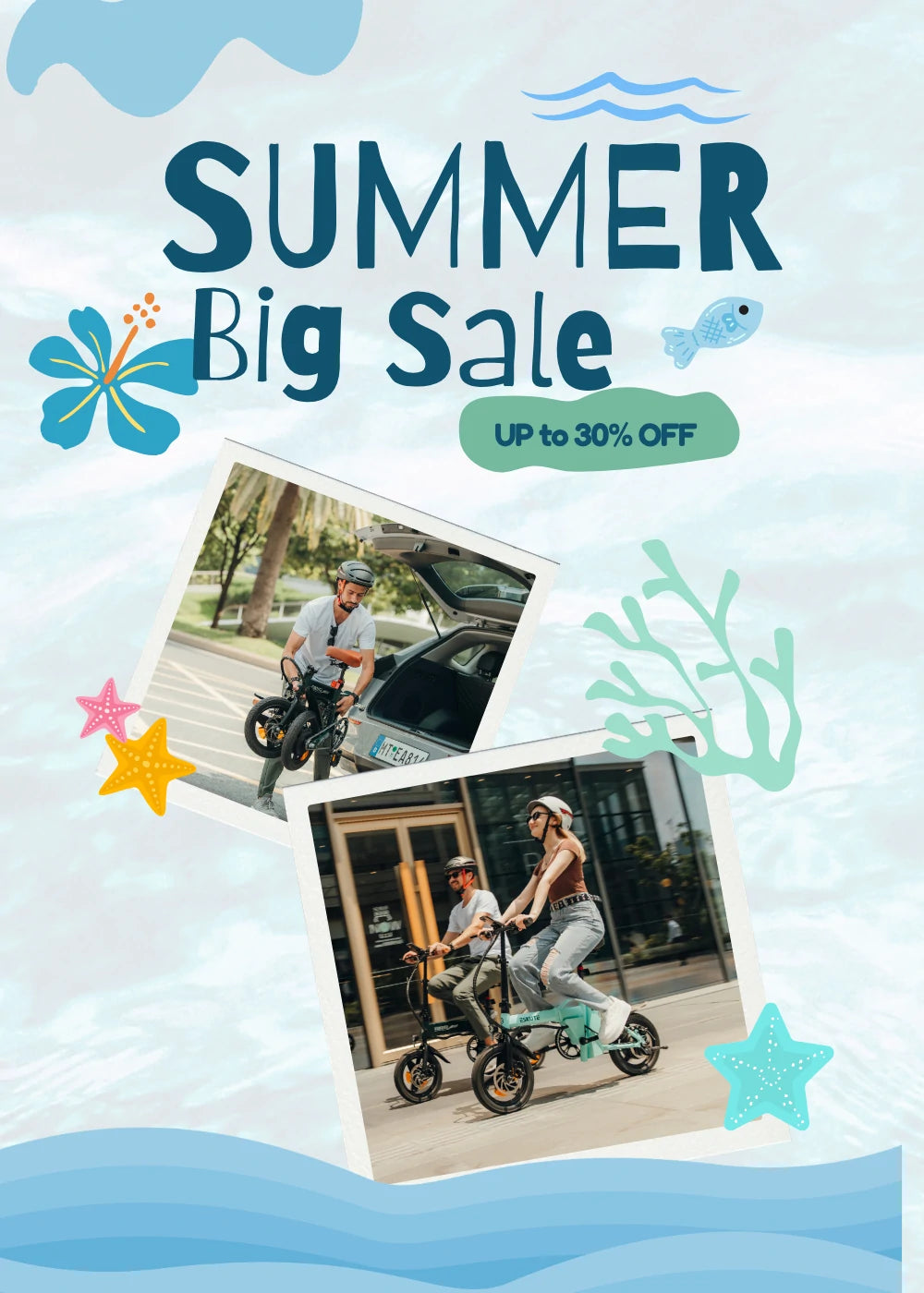 ESKUTE F100 & F200 folding electric bike summer sale poster, up to 30% off