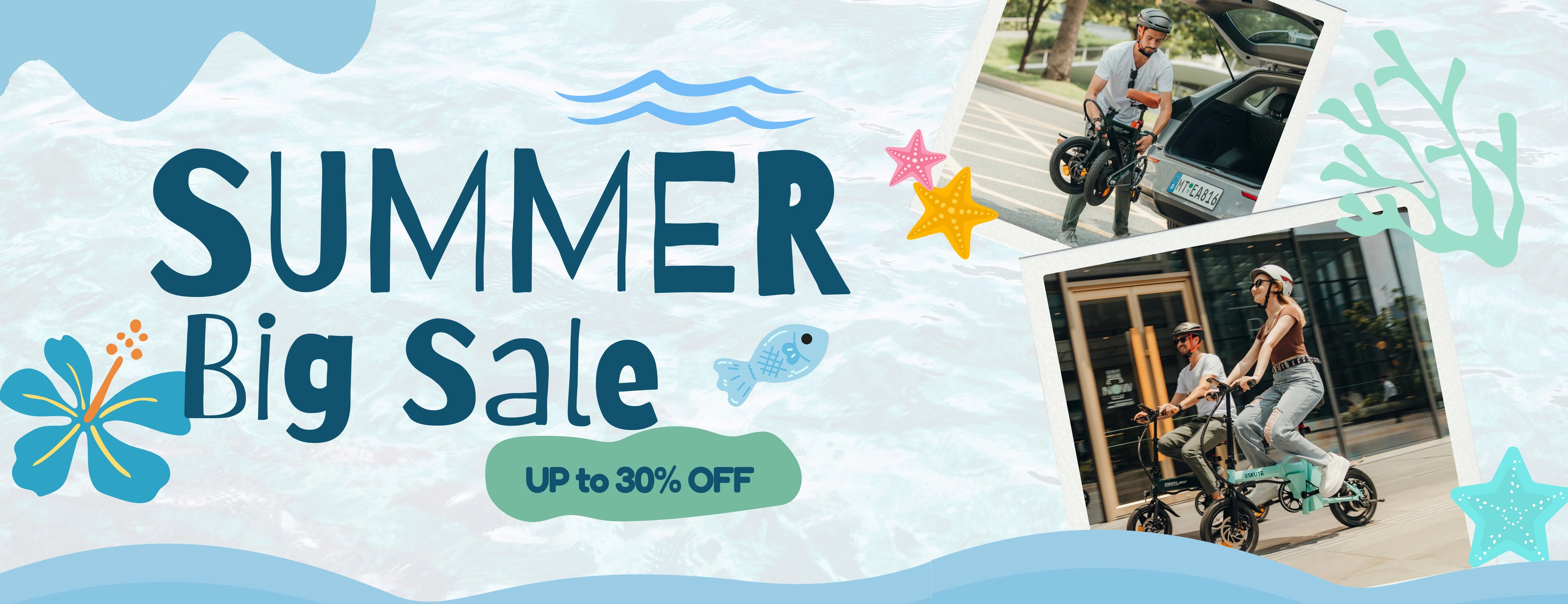 ESKUTE F100 & F200 folding electric bike summer sale banner, up to 30% off